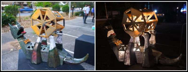 ผลงานโคมไฟเครื่องเคลือบดินเผาสร้างสรรค์เทคนิครากุ “สุนัขทรงเลี้ยงกับโครงการหลวง”
