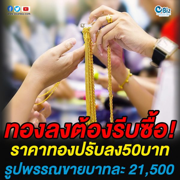 ราคาทองวันนี้ ปรับลง 50 บาท รูปพรรณขายบาทละ 21,500