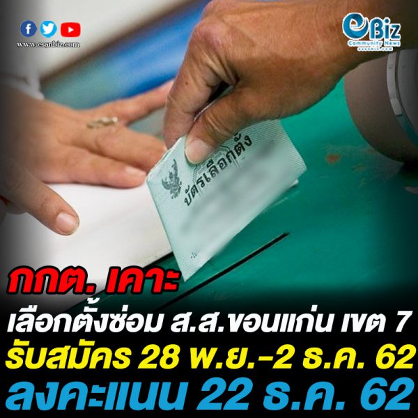 กกต.เคาะ เลือกตั้งซ่อม ส.ส.ขอนแก่น เขต 7 อาทิตย์ 22 ธ.ค. 62