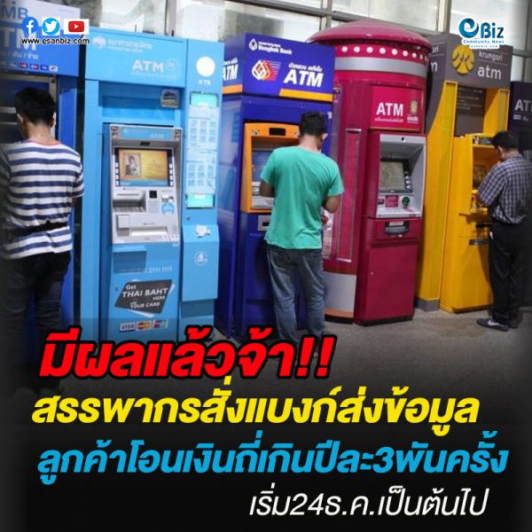 มีผลแล้วจ้า!!สรรพากรสั่งแบงก์ส่งข้อมูล ลูกค้าโอนเงินถี่เกินปีละ3พันครั้ง เริ่ม 24 ธ.ค. นี้ มีผลแล้วจ้า!!สรรพากรสั่งแบงก์ส่งข้อมูล ลูกค้าโอนเงินถี่เกินปีละ3พันครั้ง เริ่ม 24 ธ.ค. นี้