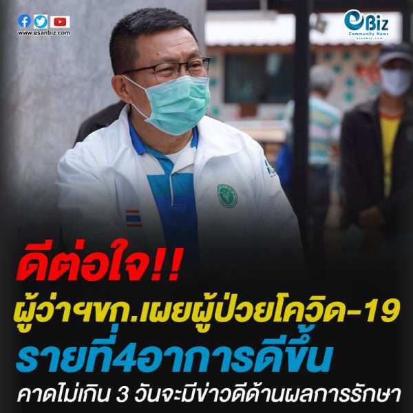 ผู้ป่วยโควิด-19 รายที่ 4 จ.ขอนแก่น ล่าสุดอาการดีขึ้น คาดไม่เกิน 3 วันจะมีข่าวดีด้านผลการรักษา