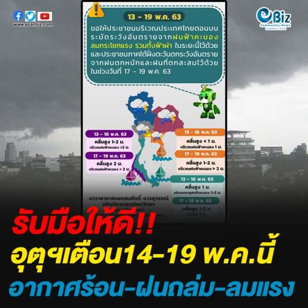 อุตุฯเตือน13-19 พ.ค.นี้อากาศร้อน-ฝนถล่ม-ลมแรง อุตุฯเตือน13-19 พ.ค.นี้อากาศร้อน-ฝนถล่ม-ลมแรง