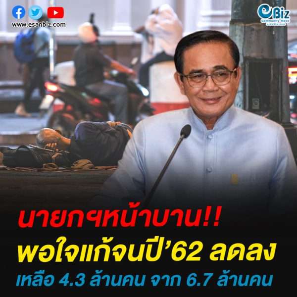 นายกฯหน้าบาน!!พอใจแก้จนปี’62 ลดลงหลือ 4.3 ล้านคน จาก 6.7 ล้านคน