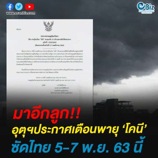 อุตุฯประกาศเตือนพายุ ‘โคนี’ซัดไทย 5-7 พ.ย. 63 นี้