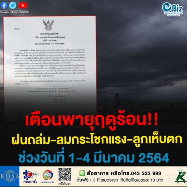 #ประกาศเตือน ‘พายุฤดูร้อน’ ฝนถล่ม -ลมกระโชกแรง-ลูกเห็บตก ช่วงวันที่ื1-4 มีนาคม 2564