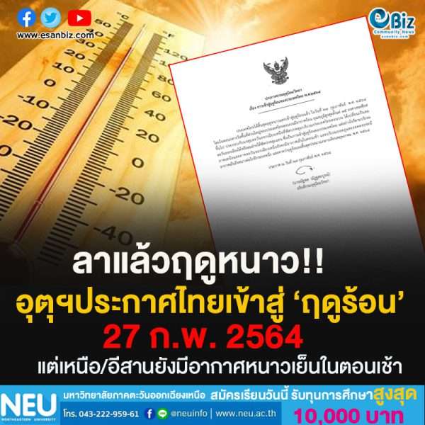 กรมอุตุนิยมวิทยา ประกาศไทยเข้าสู่ฤดูร้อนแล้ว คาดสิ้นสุดกลางเดือน พ.ค.64 แต่ภาคเหนือและอีสานยังมีอากาศเย็นในตอนเช้า