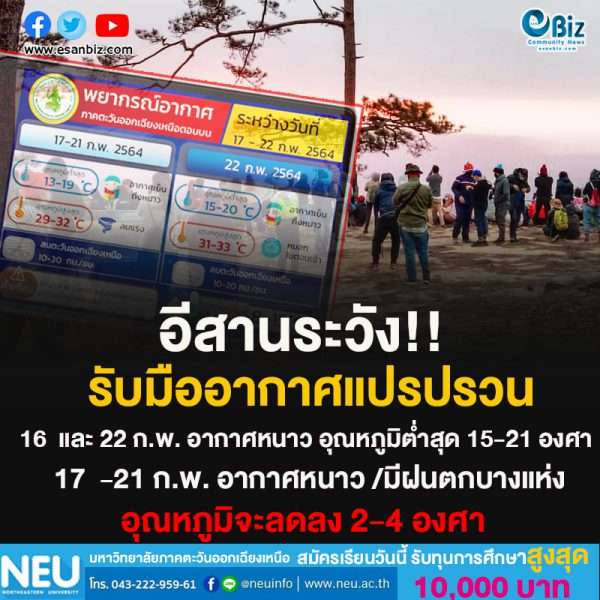 อีสานระวัง!!รับมืออากาศแปรปรวน 16  และ 22 ก.พ. อากาศหนาว อุณหภูมิต่ำสุด 15-21 องศา17  -21 ก.พ. อากาศหนาว /มีฝนตกบางแห่งอุณหภูมิจะลดลง 2-4 องศา