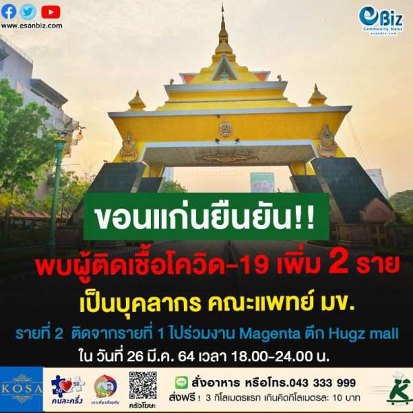 ขอนแก่น​ พบผู้ติดเชื้อโควิด​-19 รายใหม่​เพิ่ม​ 2 ราย​ เป็นบุคลากรทางการแพทย์​ ด้านรพ.ศรีนครินทร์​