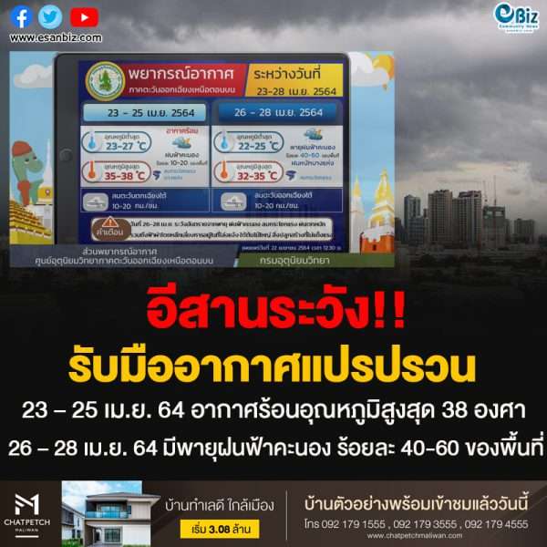 อีสานระวัง!!รับมืออากาศแปรปรวน23 – 25 เม.ย. 64 อากาศร้อนอุณหภูมิสูงสุด 38 องศา26 – 28 เม.ย. 64 มีพายุฝนฟ้าคะนอง ร้อยละ 40-60 ของพื้นที่