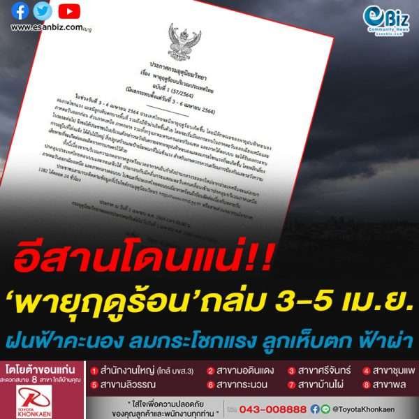อีสานโดนแน่!!‘พายุฤดูร้อน’ถล่ม 3-5 เม.ย.ฝนฟ้าคะนอง ลมกระโชกแรง ลูกเห็บตก ฟ้าผ่า
