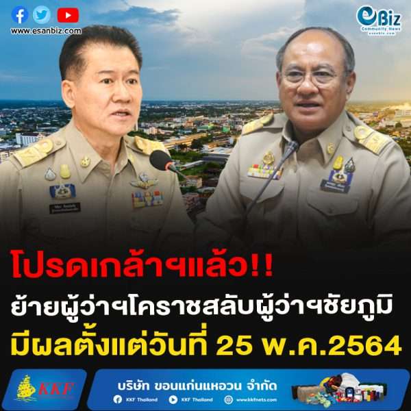 โปรดเกล้าฯแล้ว!!ย้ายผู้ว่าฯโคราชสลับผู้ว่าฯชัยภูมิมีผลตั้งแต่วันที่ 25 พ.ค.2564