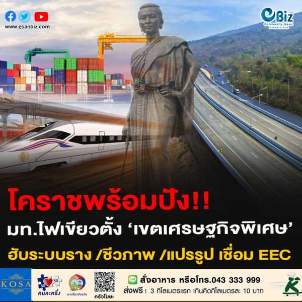โคราชพร้อมปัง!!มท.ไฟเขียวตั้ง ‘เขตเศรษฐกิจพิเศษ’ฮับระบบราง /ชีวภาพ /แปรรูป เชื่อม EEC