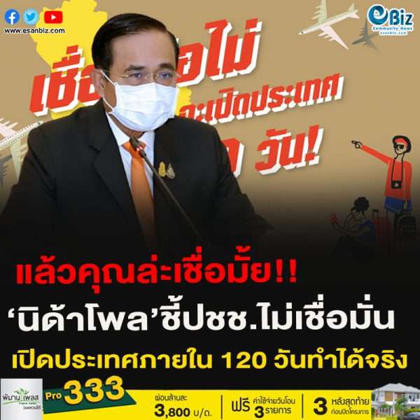 ‘นิด้าโพล’ชี้ปชช.ไม่เชื่อมั่นเปิดประเทศภายใน 120 วันทำได้จริง