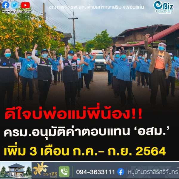 ดีใจบ่พ่อแม่พี่น้อง!!ครม.อนุมัติค่าตอบแทน ‘อสม.’เพิ่ม 3 เดือน ก.ค.- ก.ย. 2564