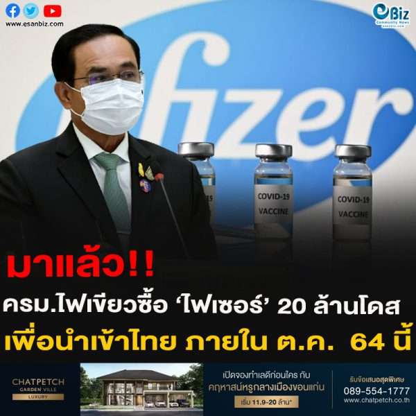 มาแล้ว!!ครม.ไฟเขียวซื้อ ‘ไฟเซอร์’ 20 ล้านโดสเพื่อนำเข้าไทย ภายใน ต.ค.  64 นี้ระบุฉีดให้ประชาชนฟรี