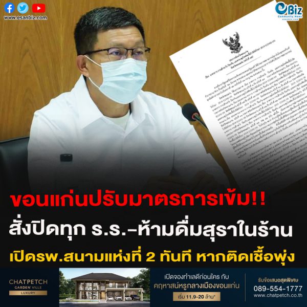 ขอนแก่นปรับมาตรการเข้ม!!สั่งปิดทุก ร.ร.-ห้ามดื่มสุราในร้าน เปิดรพ.สนามแห่งที่ 2 ทันทีหากติดเชื้อพุ่ง