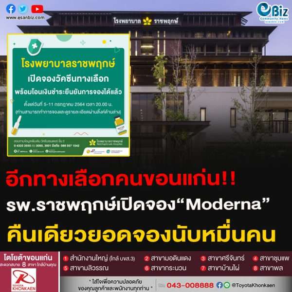 อีกทางเลือกคนขอนแก่น!!รพ.ราชพฤกษ์เปิดจอง“Moderna” คืนเดียวยอดจองนับหมื่นคน