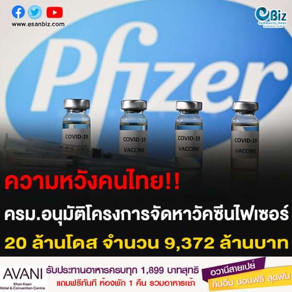 ความหวังคนไทย!! ครม.อนุมัติโครงการจัดหาวัคซีนไฟเซอร์ 20 ล้านโดส จำนวน 9,372 ล้านบาท
