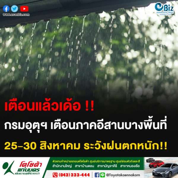 เตือนแล้วเด้อ!! กรมอุตุฯ เตือนภาคอีสานบางพื้นที่ 25-30 สิงหาคม ระวังฝนตกหนัก!!