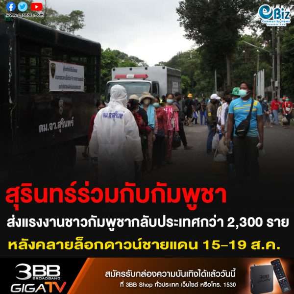 สุรินทร์ร่วมกับพัมพูชา ส่งแรงงานชาวกัมพูชากลับประเทศกว่า 2,300 ราย หลังคลายล็อกดาวน์ชายแดน 15-19 ส.ค.