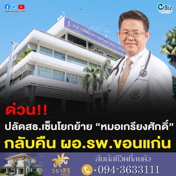 ด่วน!!ปลัดสธ.เซ็นโยกย้าย “หมอเกรียงศักดิ์”กลับคืน ผอ.รพ.ขอนแก่น