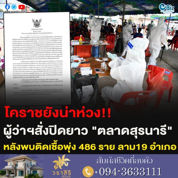 โคราชยังน่าห่วง!!ผู้ว่าฯสั่งปิดยาว “ตลาดสุรนารี”หลังพบติดเชื้อพุ่ง 486 ราย ลาม19 อำเภอ