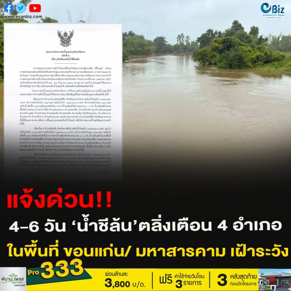 แจ้งด่วน!! 4-6 วัน ‘น้ำชีล้น’ตลิ่งเตือน 4 อำเภอในพื้นที่ ขอนแก่น/ มหาสารคาม เฝ้าระวัง