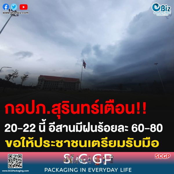 กอปภ. สุรินทร์เตือน!! 20-22 นี้ อีสานมีฝนร้อยละ 60-80 ขอให้ประชาชนเตรียมรับมือ