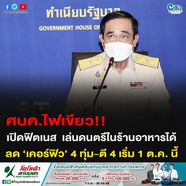 ศบค.ไฟเขียว!!เปิดฟิตเนส  เล่นดนตรีในร้านอาหารได้ลด ‘เคอร์ฟิว’ 4 ทุ่ม-ตี 4 เริ่ม 1 ต.ค. นี้
