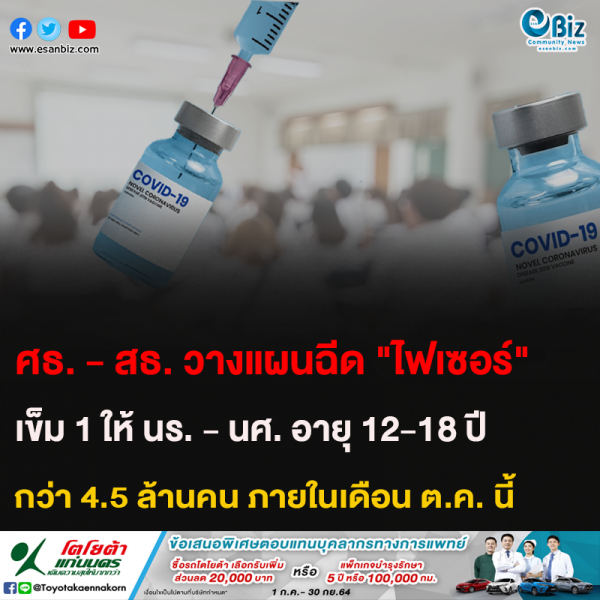 ศธ. – สธ. วางแผนฉีด “ไฟเซอร์” เข็ม 1 ให้ นร. – นศ. อายุ 12-18 ปี กว่า 4.5 ล้านคน ภายในเดือน ต.ค. นี้