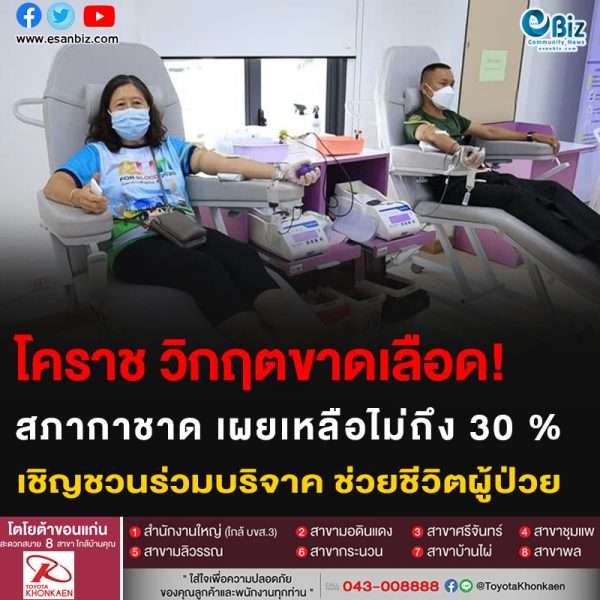 โคราช วิกฤตขาดเลือด! สภากาชาดเผยเหลือไม่ถึง 30 % เชิญชวนร่วมบริจาค ช่วยชีวิตผู้ป่วย