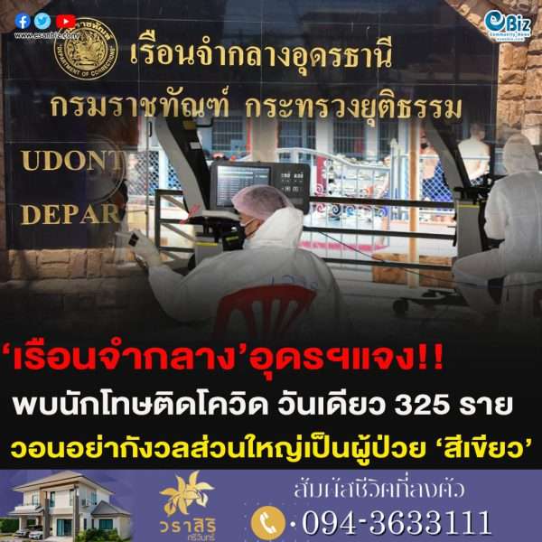 ‘เรือนจำกลาง’อุดรฯแจง!!พบนักโทษติดโควิด วันเดียว 325 รายวอนอย่ากังวลส่วนใหญ่เป็นผู้ป่วย ‘สีเขียว’