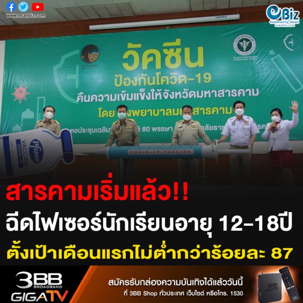 สารคามเริ่มแล้ว!! ฉีดไฟเซอร์นักเรียน 12-18ปี ตั้งเป้าเดือนแรกไม่ต่ำกว่าร้อยละ 87