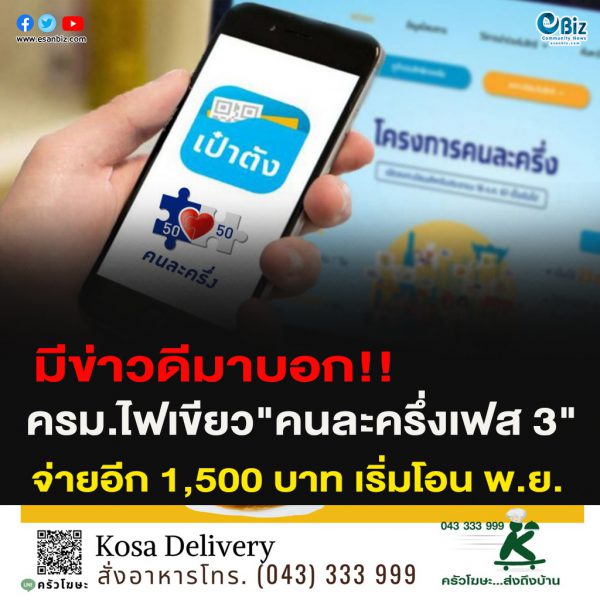 มีข่าวดีมาบอก!!ครม.ไฟเขียว”คนละครึ่งเฟส 3″จ่ายอีก 1,500 บาท เริ่มโอน พ.ย.