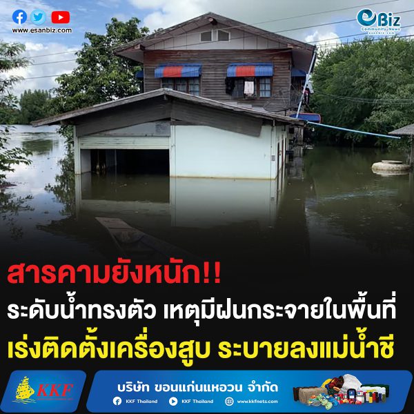 สารคามยังหนัก!! ระดับน้ำทรงตัว เหตุมีฝนกระจายในพื้นที่ เร่งติดตั้งเครื่องสูบ ระบายลงแม่น้ำชี