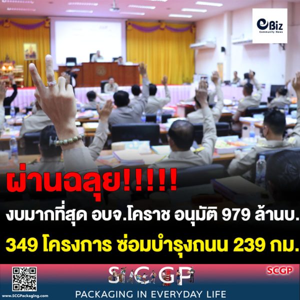 ผ่านฉลุย งบมากที่สุดใน อปท. สภา อบจ.โคราช อนุมัติใช้จ่ายเงินสะสม 979 ล้านบาท 349 โครงการ ก่อสร้างซ่อมบำรุงถนน 239 กม. สะพาน ท่อระบายน้ำ ขุดลอกคลอง สร้างอาคาร จัดซื้อครุภัณฑ์