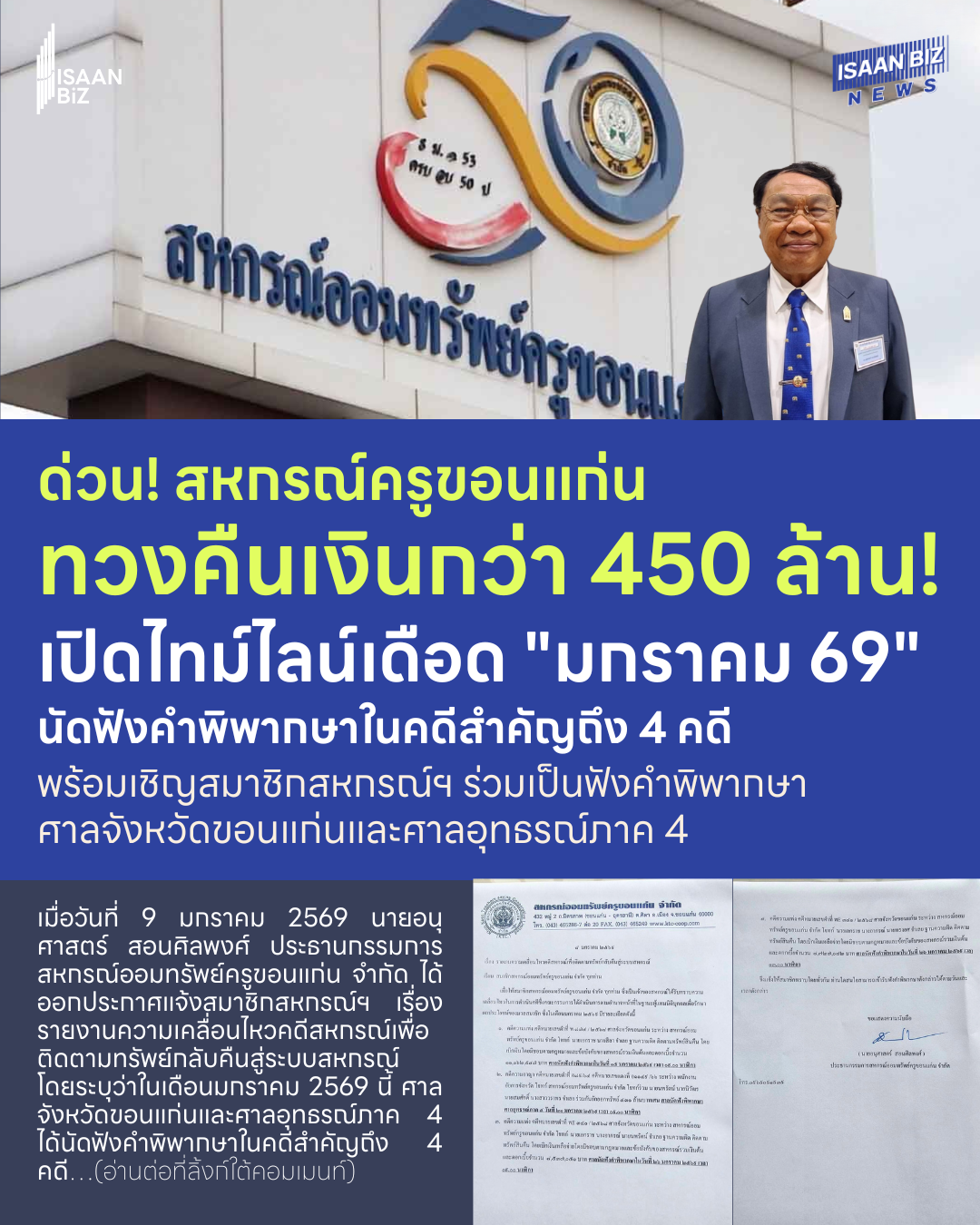 สหกรณ์ครูขอนแก่น ดีเดย์ “มกราคม 69” ฟังคำพิพากษา 4 คดีทุจริต ลุ้นทวงคืนเงินกว่า 450 ล้านบาท