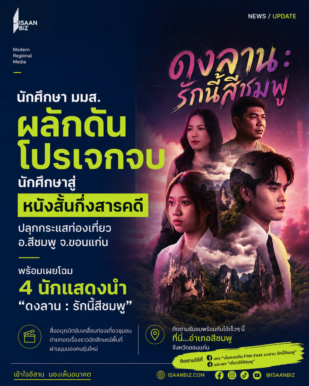 สื่อนฤมิตขับเคลื่อนชุมชน! เปิดตัว 4 นักแสดงนำภาพยนตร์ “ดงลาน : รักนี้สีชมพู” ชู Soft Power ปลุกท่องเที่ยว อ.สีชมพู