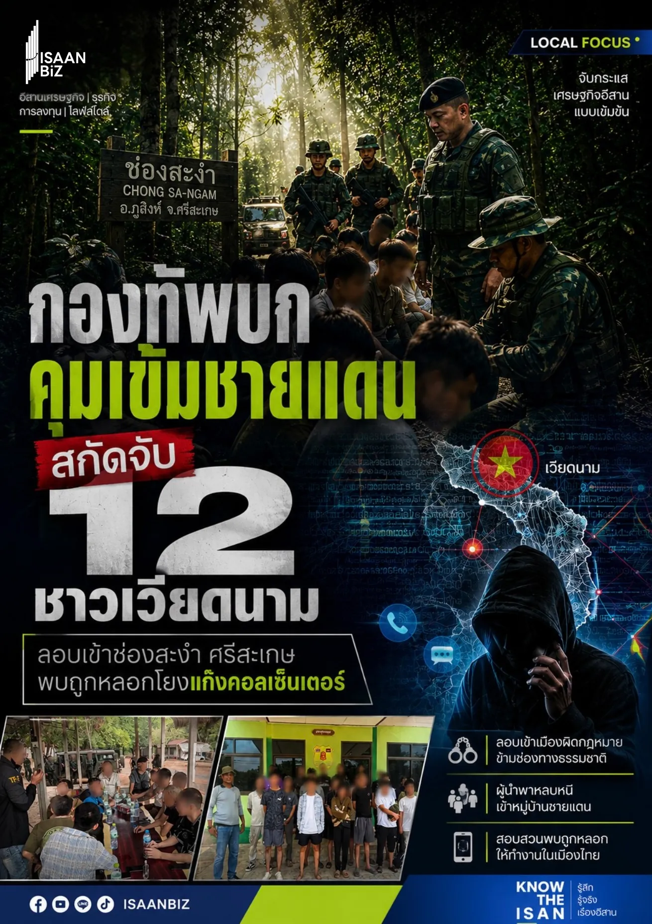 กองทัพบกคุมเข้มชายแดน สกัดจับ 12 ชาวเวียดนาม ลอบเข้าช่องสะงำ ศรีสะเกษ พบถูกหลอกโยงแก๊งคอลเซ็นเตอร์