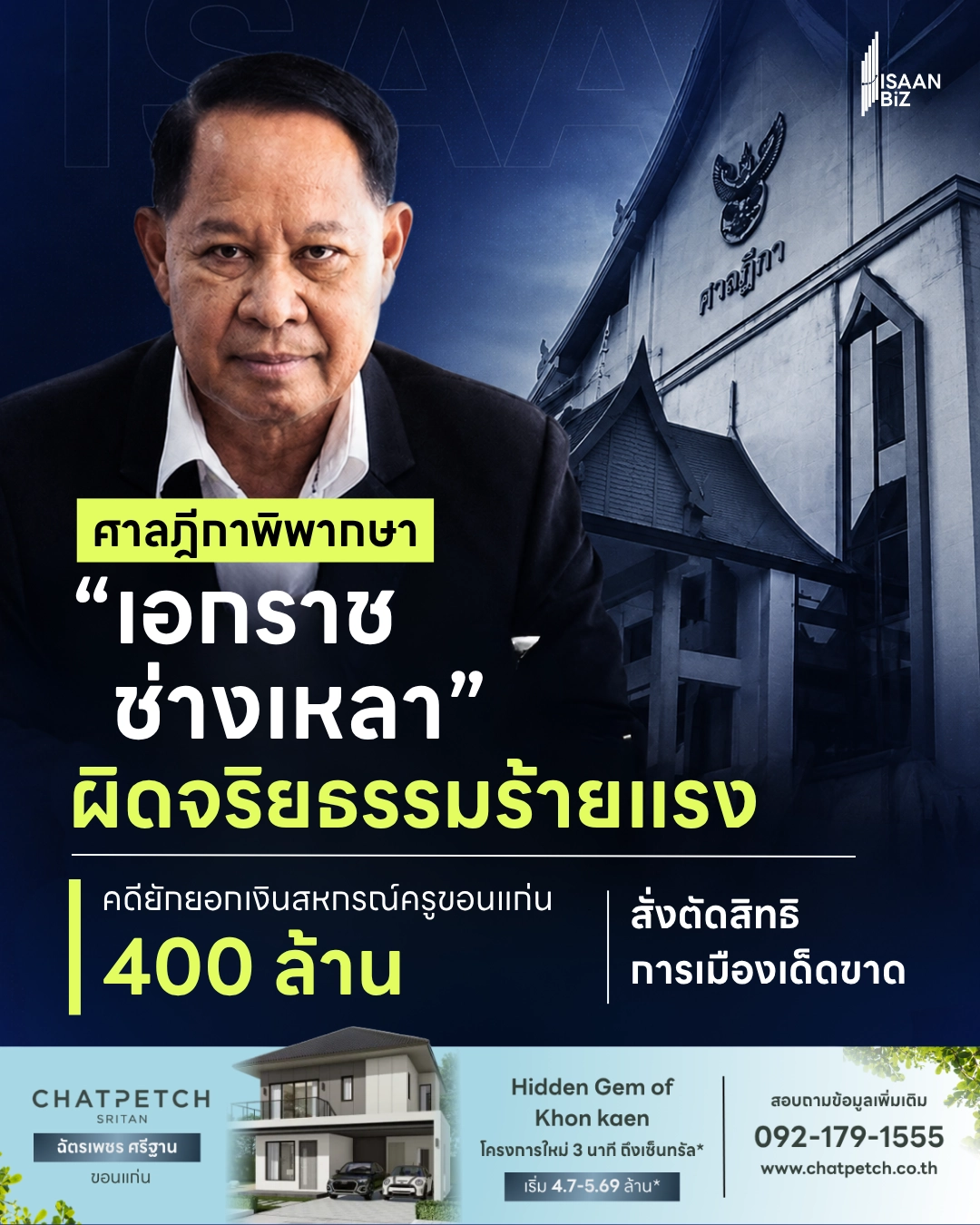 ปิดฉากเส้นทางการเมือง! ศาลฎีกาฟัน “เอกราช ช่างเหลา” ผิดจริยธรรมร้ายแรง ปมยักยอกเงินสหกรณ์ครูขอนแก่น 400 ล้าน!